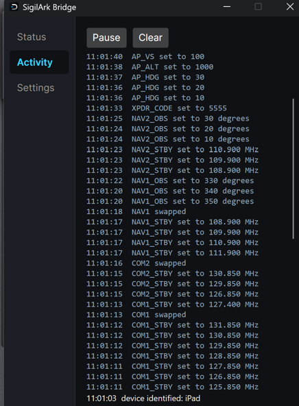 SigilArk Bridge app Activity view listing live COM and NAV tune and swap events, a transponder code and ident, autopilot button presses, and a connected iPad by IP address