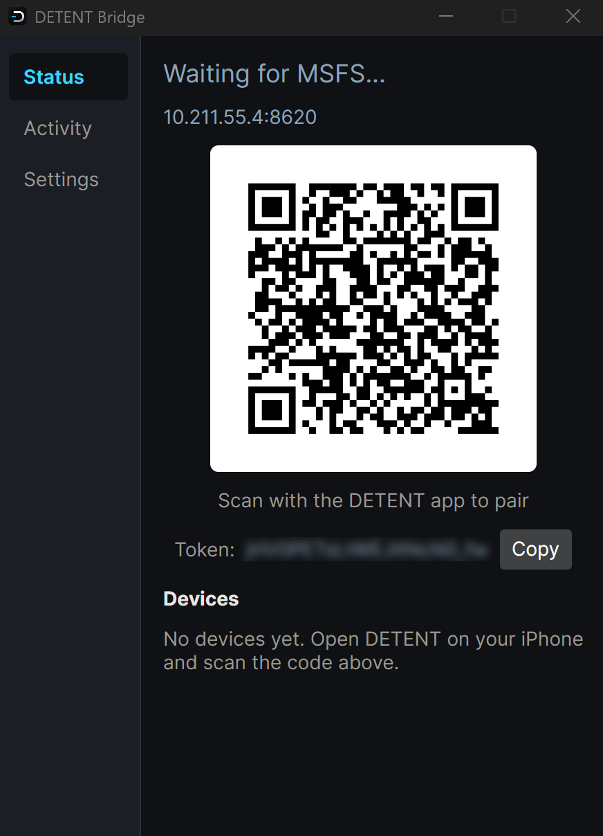 SigilArk Bridge running on Windows, Status view showing Waiting for MSFS, a pairing QR code, a blurred token, and no devices connected yet