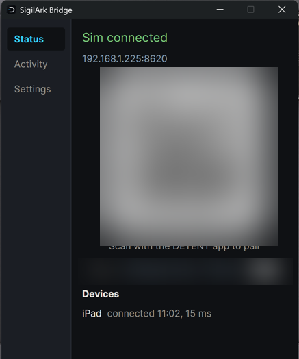 SigilArk Bridge app Status view showing Sim connected, a pairing QR code, a copyable token, and a connected device with round-trip latency