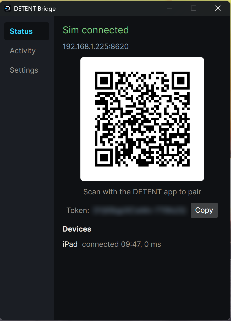 DETENT Bridge Status view showing green Sim connected, a pairing QR code, a blurred token, and an iPad connected at 0 ms round trip