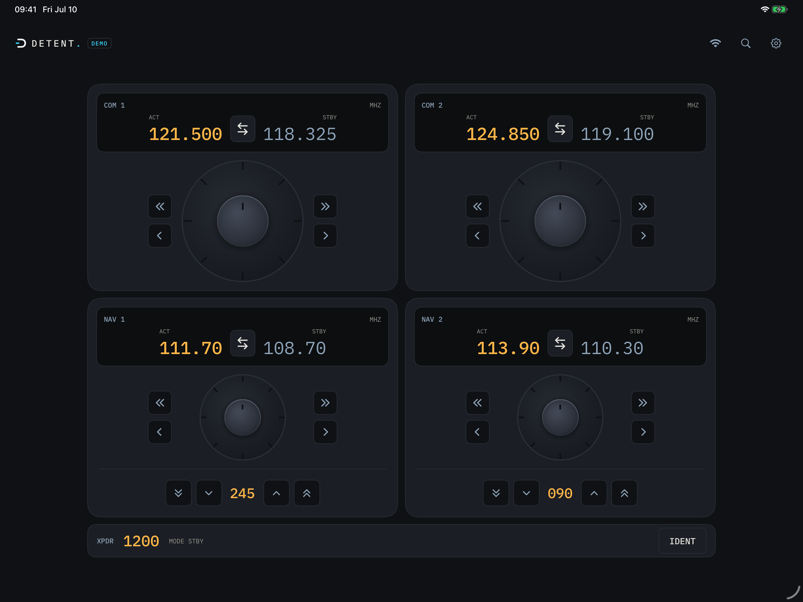DETENT radio panel on iPad showing COM1, COM2, NAV1, NAV2, OBS and transponder all on one screen with no scrolling