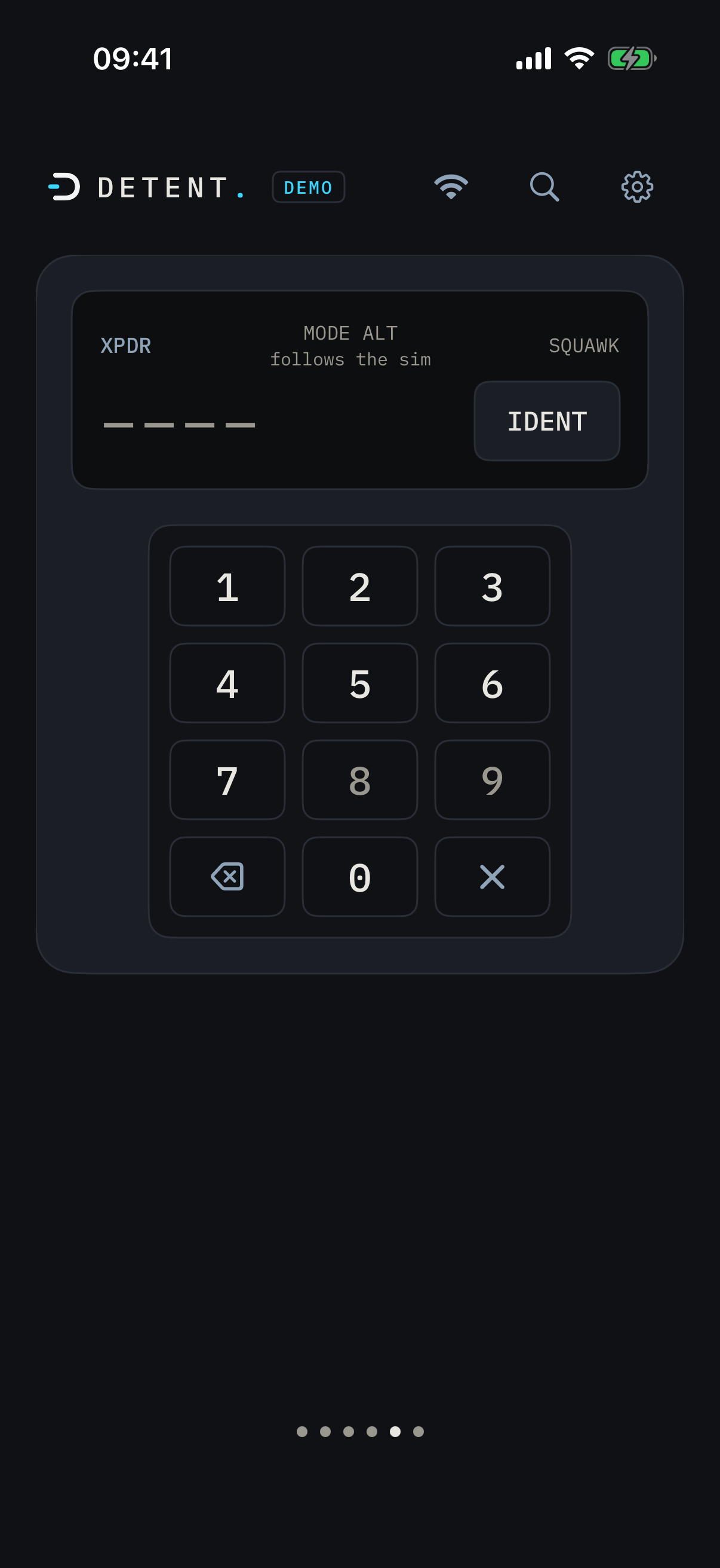 DETENT transponder page on iPhone showing the mode row, IDENT, and a squawk code being entered on the keypad